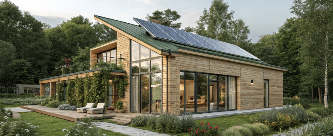 A modern eco friendly residential house with a wooden exterior and a green roof featuring solar panels The structure is nestled among lush greenery including various shrubs flowers and a well manicured lawn The house has large windows that allow for natural light The solar panels are installed on the sloping roof The surrounding area is a blend of verdant greenery with a variety of plants and a well maintained lawn The sky is clear with a soft diffused light
