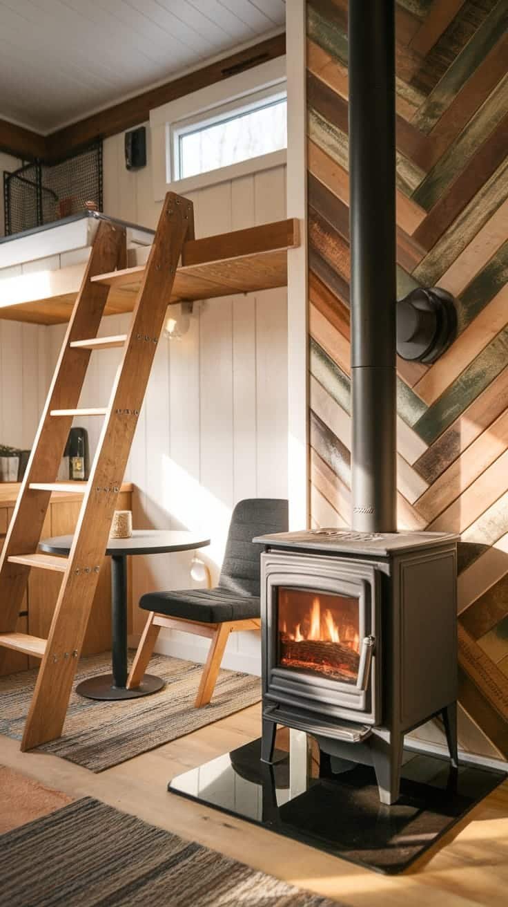 Effective_heating_solutions_for_tiny_homes Cozy interior of an aspen tiny home with a wood stove