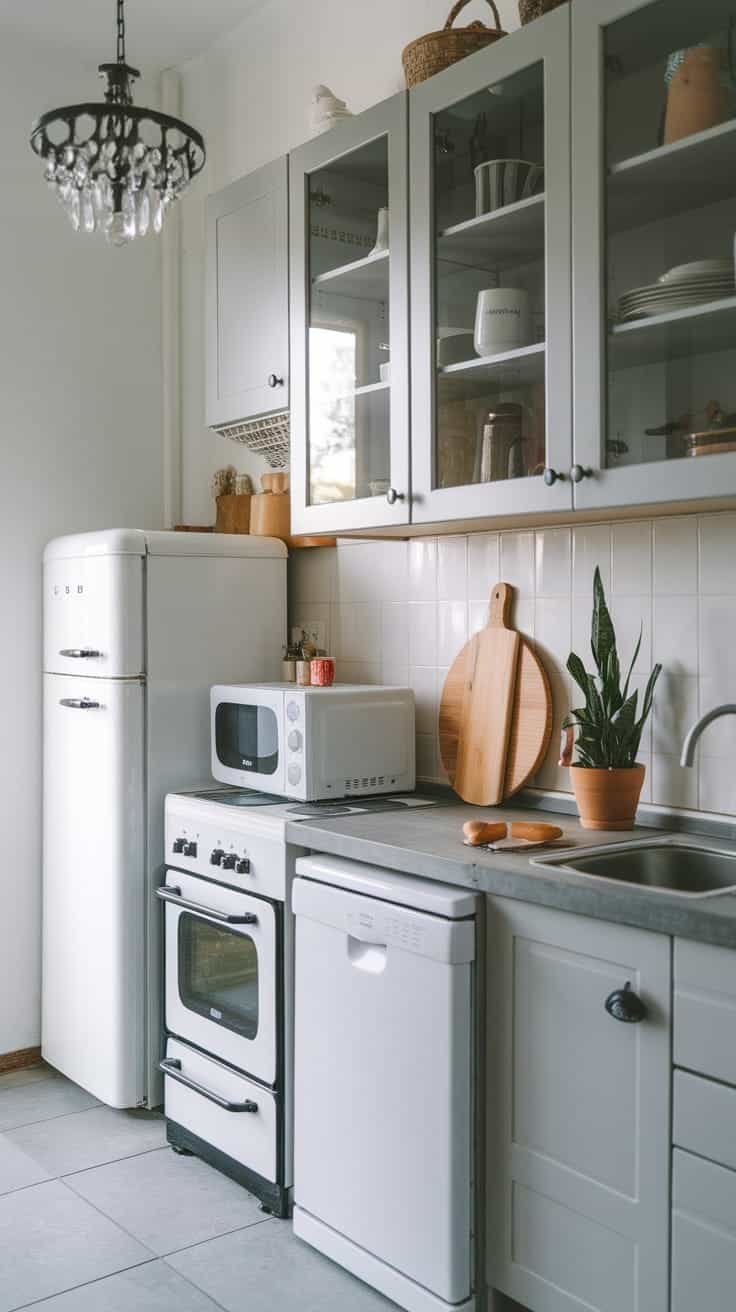 Efficient_kitchen_designs A cozy kitchen featuring a white refrigerator stove and microwave with gray cabinets and a wooden cutting board on the counter