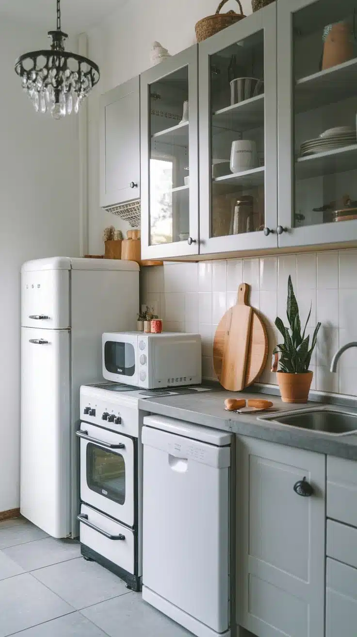 Efficient_kitchen_designs A cozy kitchen featuring a white refrigerator stove and microwave with gray cabinets and a wooden cutting board on the counter