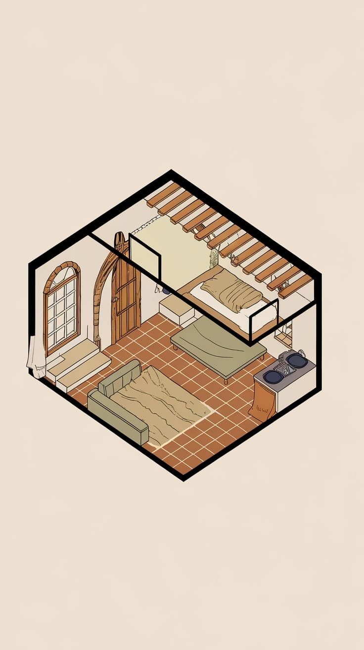 Efficient_layouts_in_limited_space Interior layout of a Spanish style tiny house showing a cozy living area bedroom nook and compact kitchen