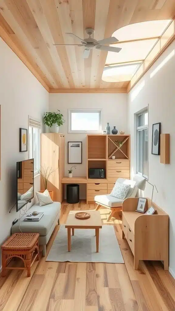 Efficient_space_utilization_in_tiny_living_1 Cozy interior of a tiny Japanese house with wooden decor and natural light