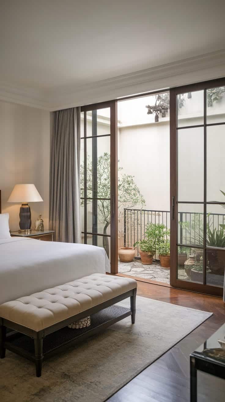 Elegant_bedroom_with_sliding_doors Elegant bedroom featuring sliding doors leading to a small balcony with plants