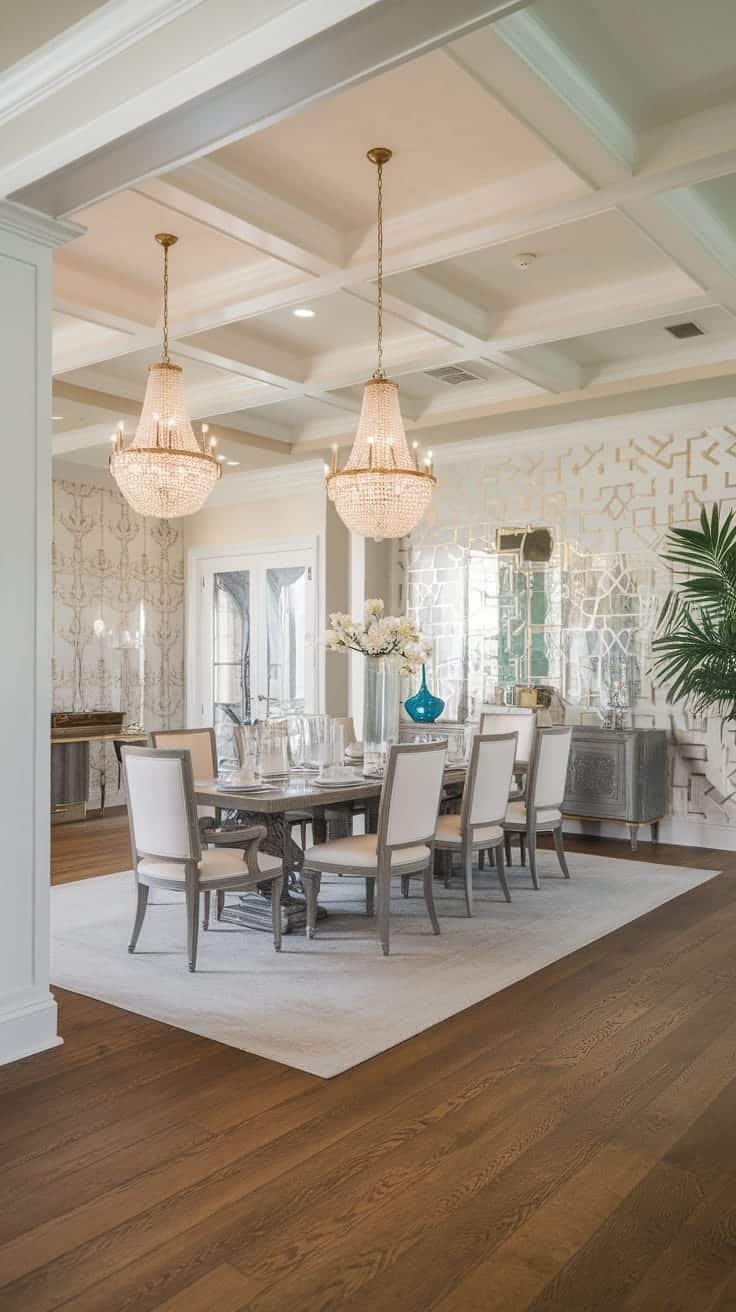 Elegant_dining_area A stylish dining room featuring a long wooden table cushioned chairs and elegant chandeliers