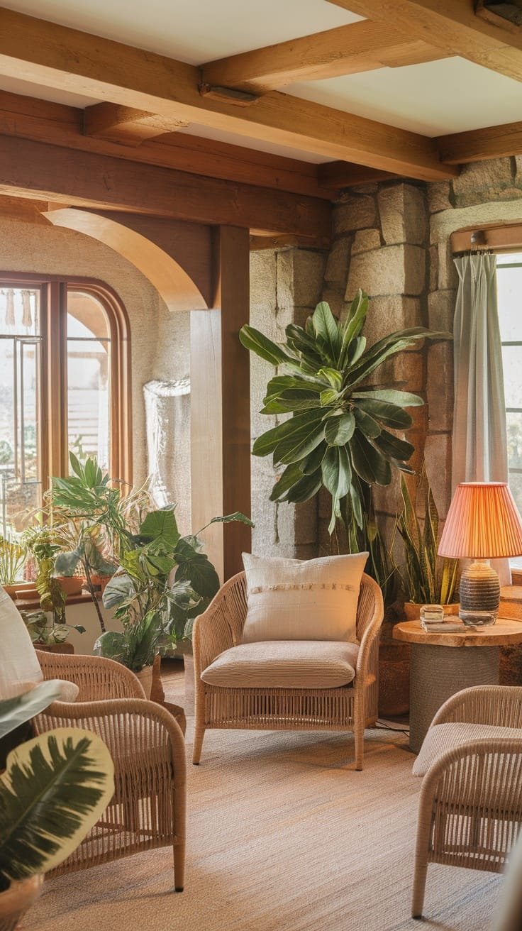 Embracing_natural_textures Cozy interior design with wooden beams stone walls and lush green plants