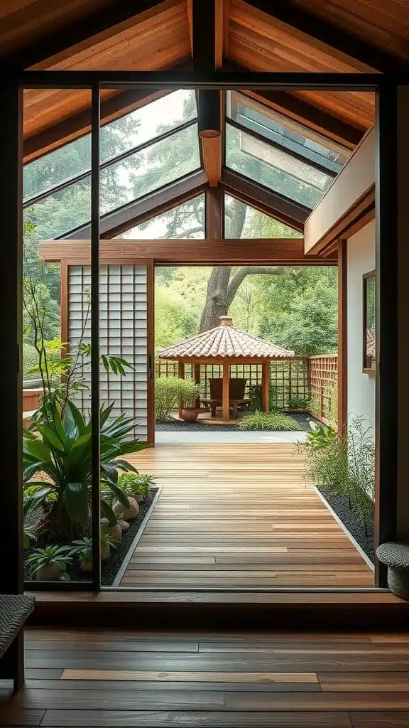 Embracing_nature_indooroutdoor_connections A view from inside a Japanese tiny house showing a garden and wooden deck