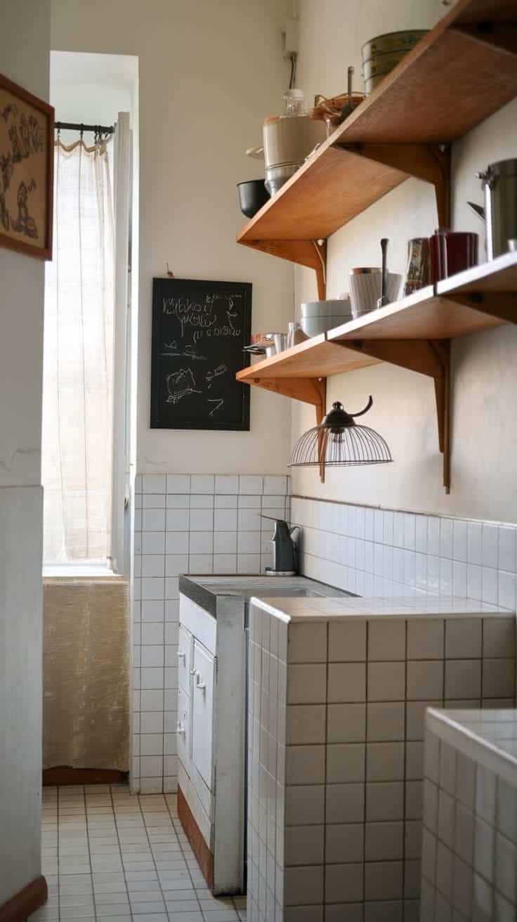 Embracing_open_shelving A cozy kitchen featuring open wood shelving and a chalkboard