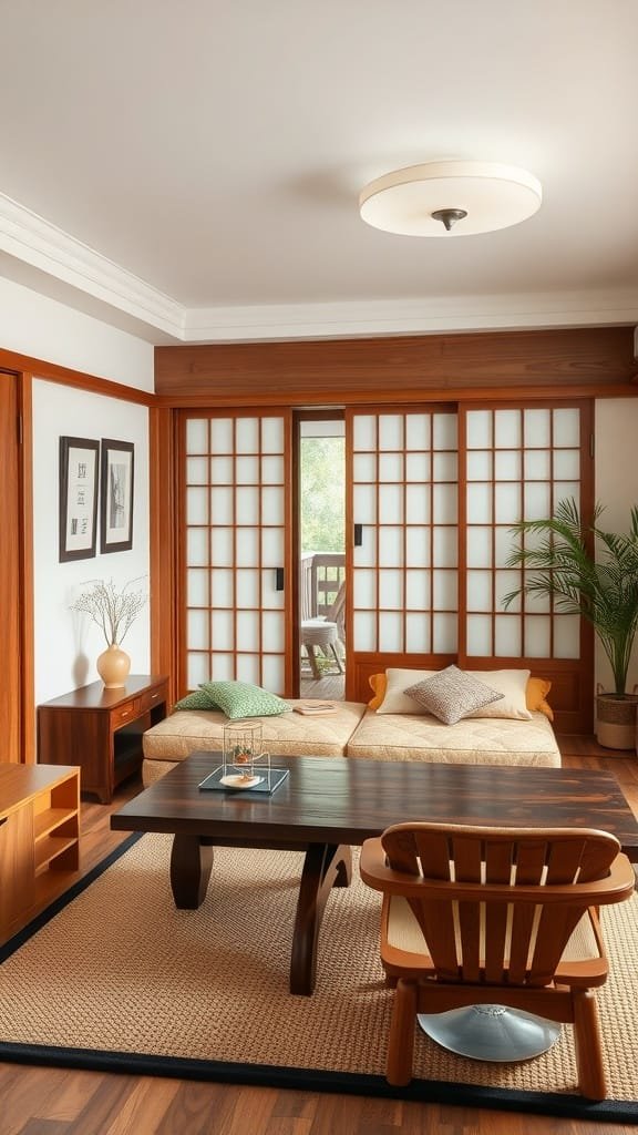 Emphasis_on_craftsmanship_in_interior_design Cozy interior of a small Japanese apartment featuring natural wood furniture and warm lighting