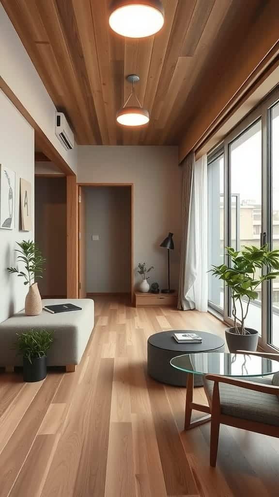 Emphasizing_open_space_and_clarity Interior of a small Japanese apartment with wooden details and plants
