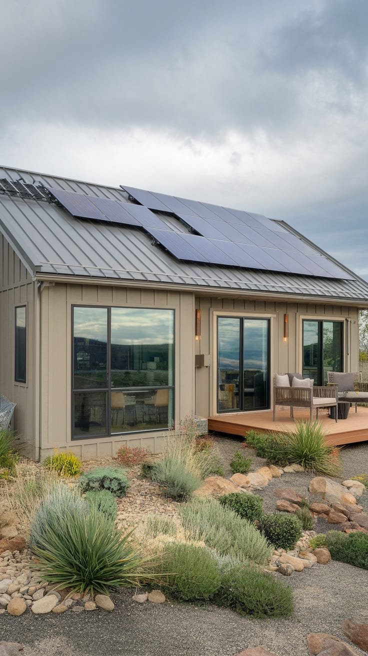 Energy_efficiency_features_of_eco_modular_homes An eco modular house with solar panels and a landscaped front yard
