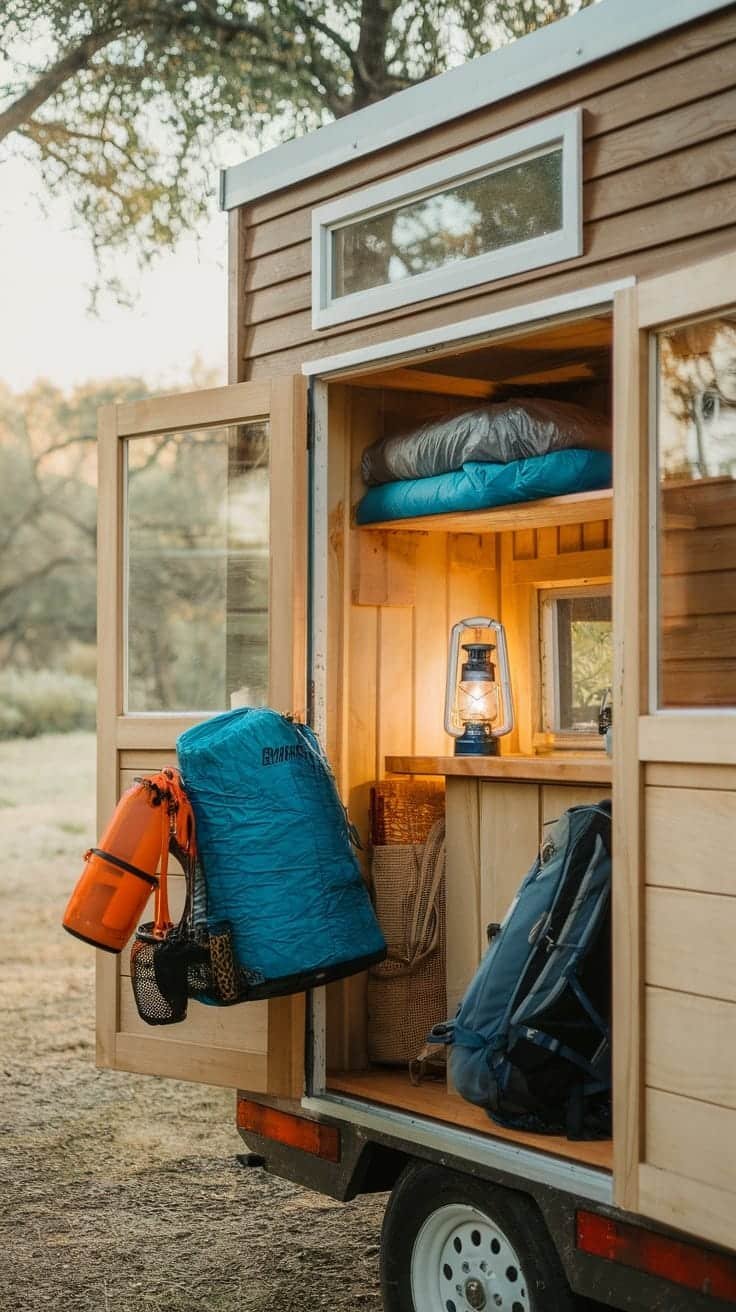 Essential_gear_for_tiny_house_campers A tiny house camper with open doors revealing cozy interior gear like sleeping bags and a lantern