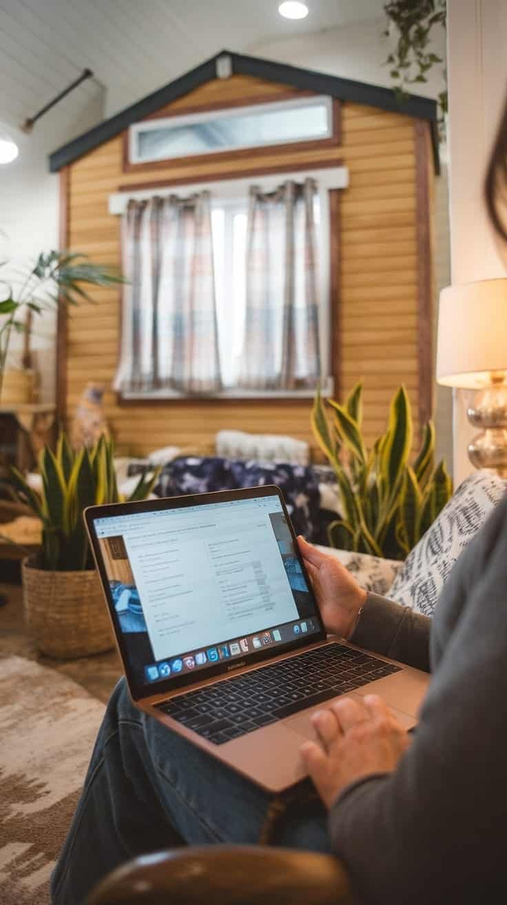 Exploring_tiny_house_camping_regulations A person working on a laptop inside a tiny house camper surrounded by plants and cozy decor