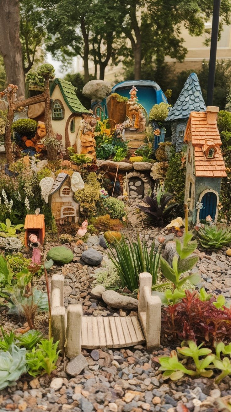 Fairy_gardens_for_tiny_spaces A beautiful fairy garden with tiny houses plants and a miniature bridge