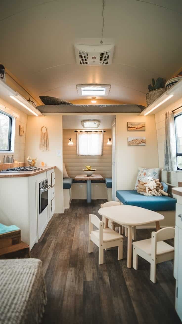 Familyfriendly_tiny_house_camper_features_1 A family enjoying time outside a tiny house camper with children playing and parents relaxing inside