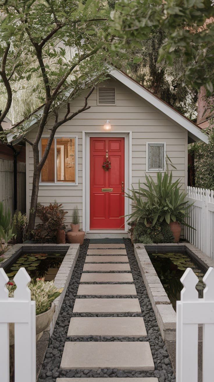 Feng_shui_principles_in_small_spaces A small home with a red door and surrounding greenery