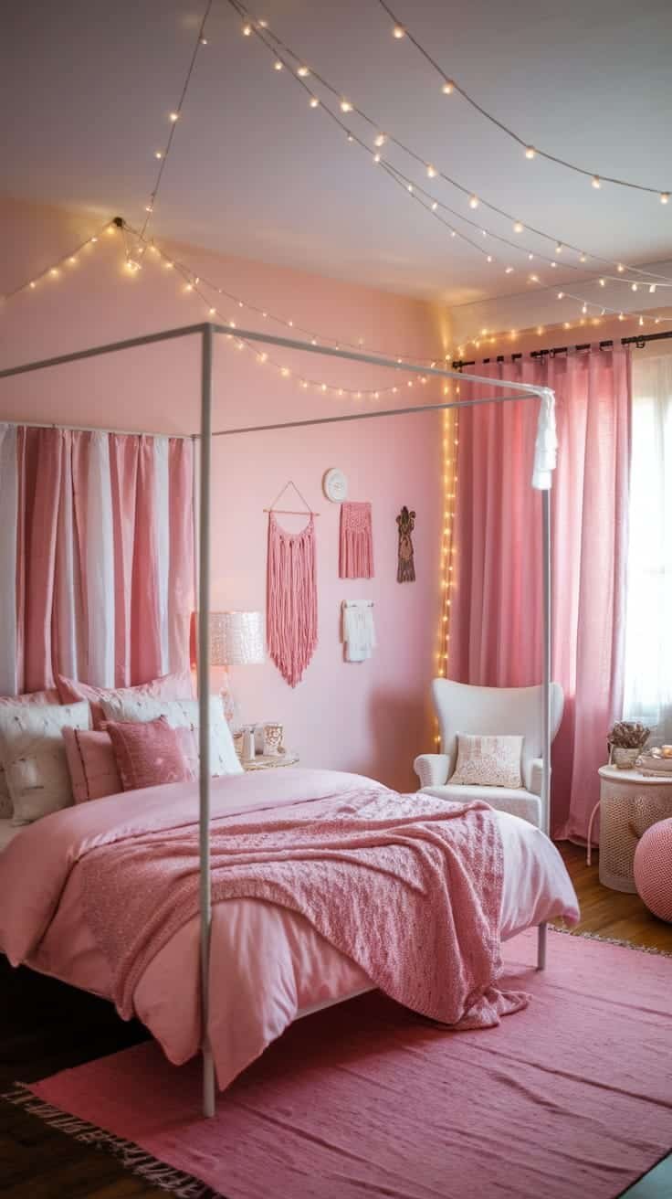 Festivalinspired_string_lights A pink boho bedroom decorated with soft furnishings and festival inspired string lights