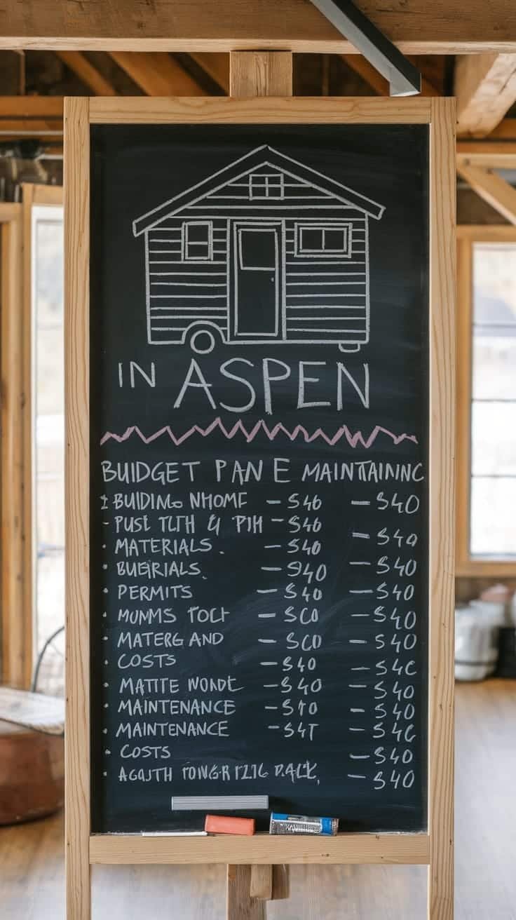 Financial_aspects_of_tiny_home_living Chalkboard with tiny home budget in Aspen showing costs for building materials permits and maintenance