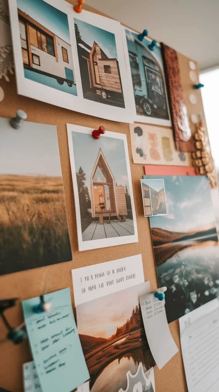 Finding_inspiration_in_tiny_house_designs A bulletin board with various pictures of tiny house campers and nature scenes
