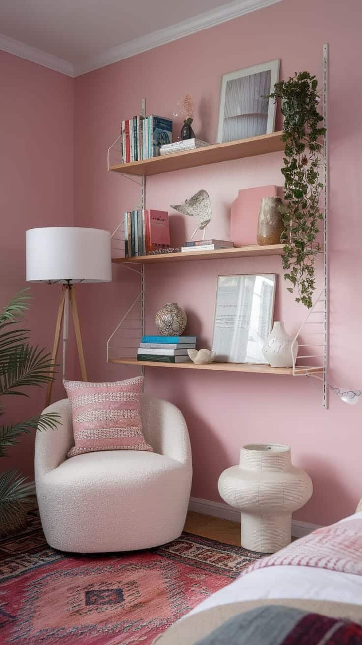 Floating_shelves_display A pink boho bedroom featuring floating shelves decorated with books and plants