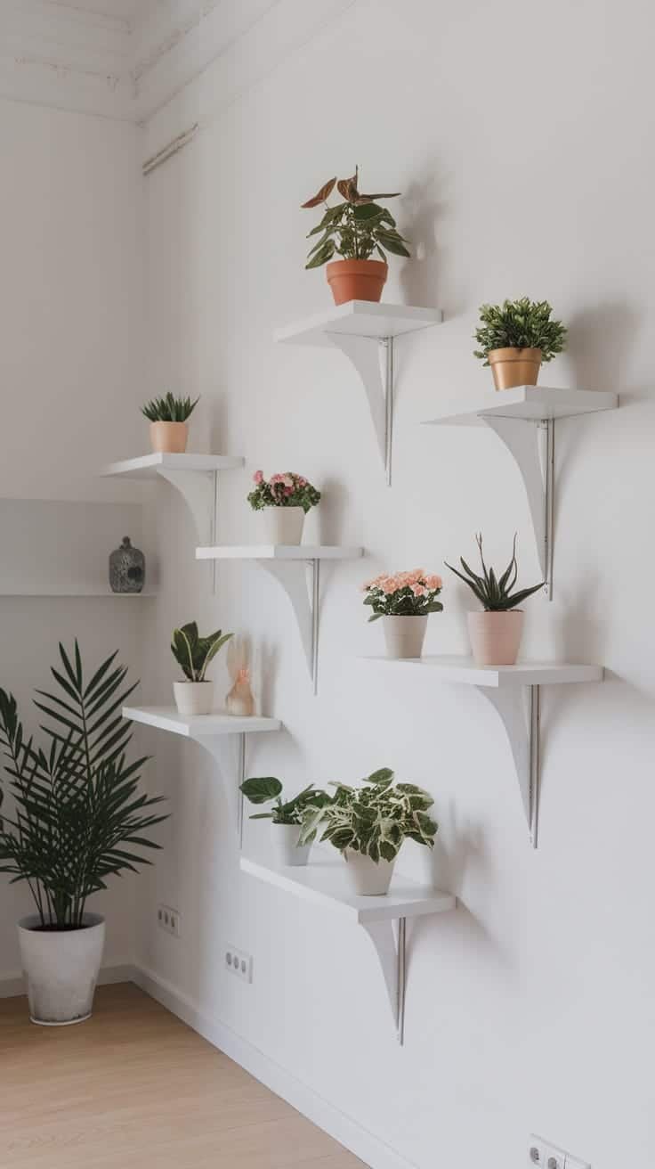Floating_shelves_for_plants Floating shelves with various potted plants arranged on a white wall