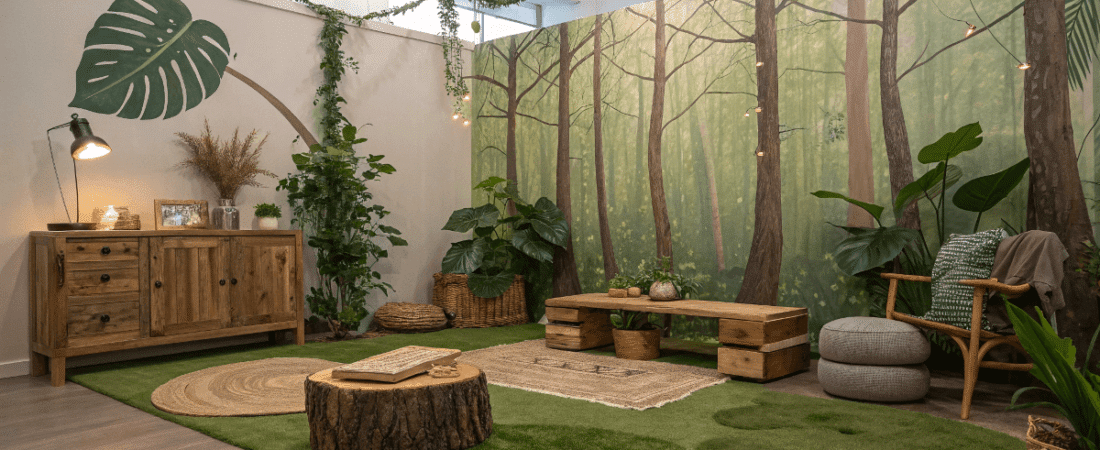 A photo of an indoor space with a forest themed design The room features a variety of plants including hanging vines potted plants and a large mural depicting a forest backdrop The furniture is made from wood and there is a slice of a tree trunk stump used as a decorative element The walls are partially covered with a large forest themed mural and the floor is covered with a green artificial turf like material The lighting is soft and ambient