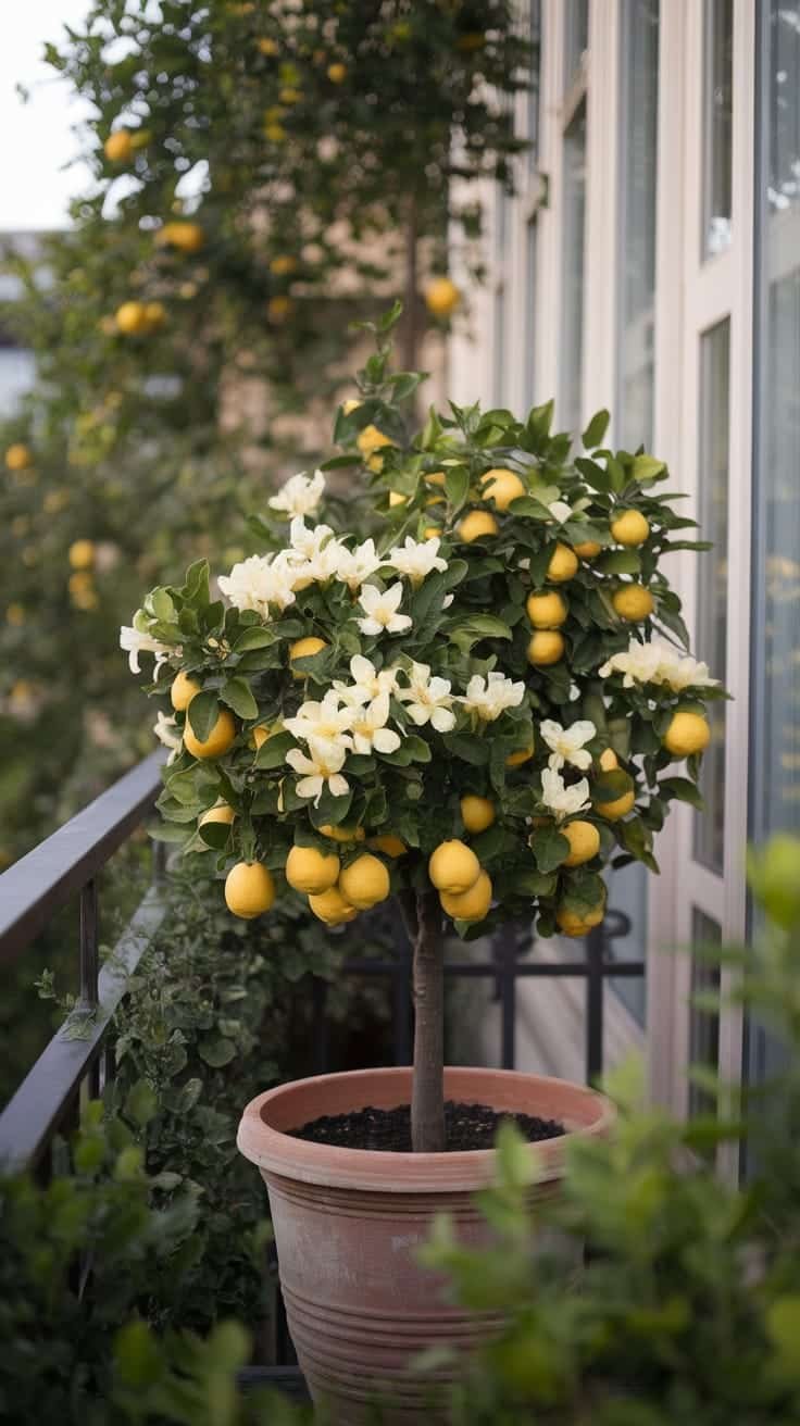Fruit_trees_in_small_pots A small potted lemon tree with blossoms and ripe lemons on a balcony