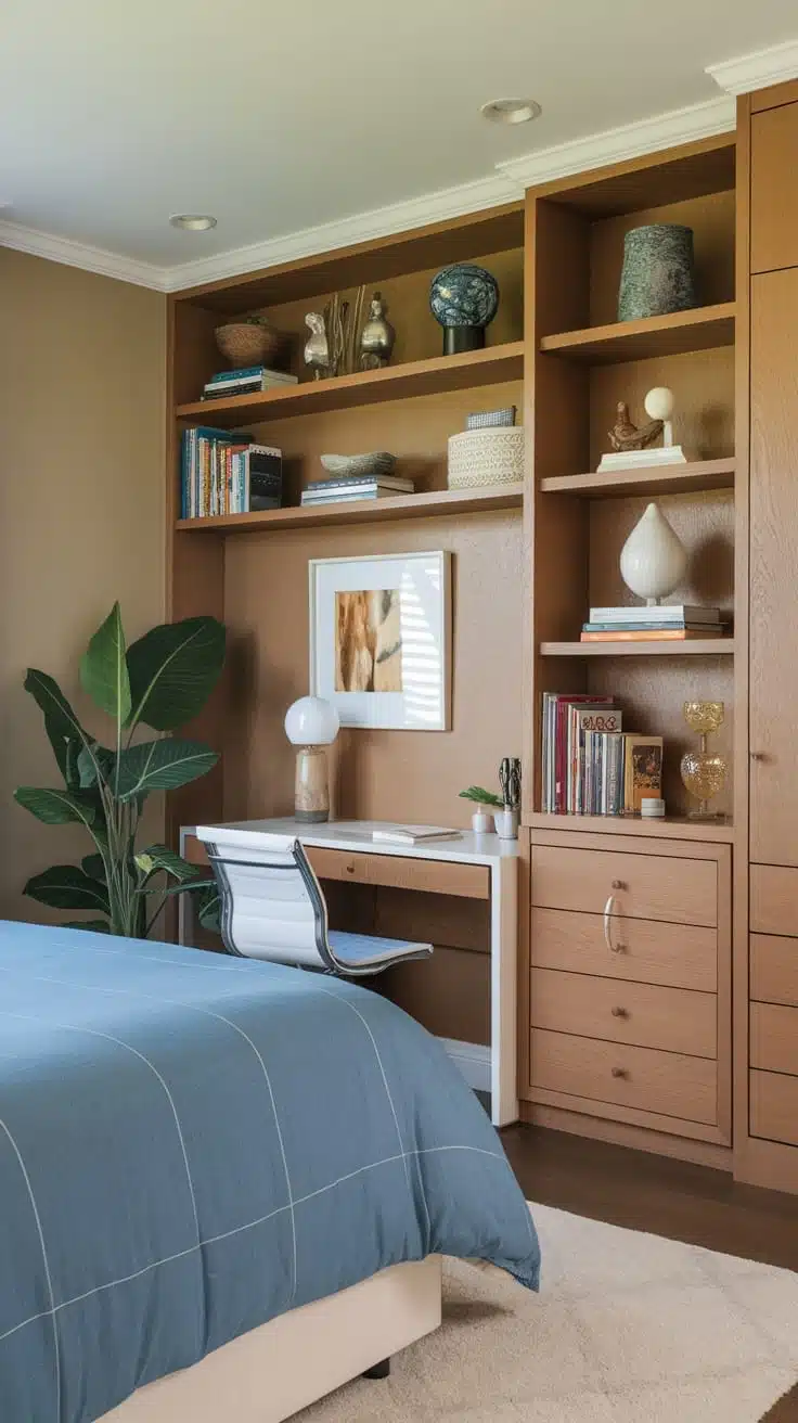 Functional_bedroom_with_builtin_shelving A cozy bedroom with built in shelving a desk and a bed showcasing an organized and functional design