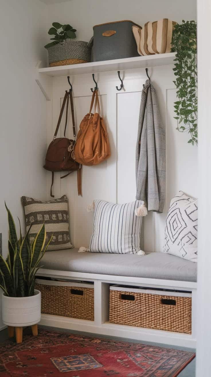 Functional_entryways Cozy entryway with a bench hooks for bags and decorative pillows reflecting a functional design in a small home