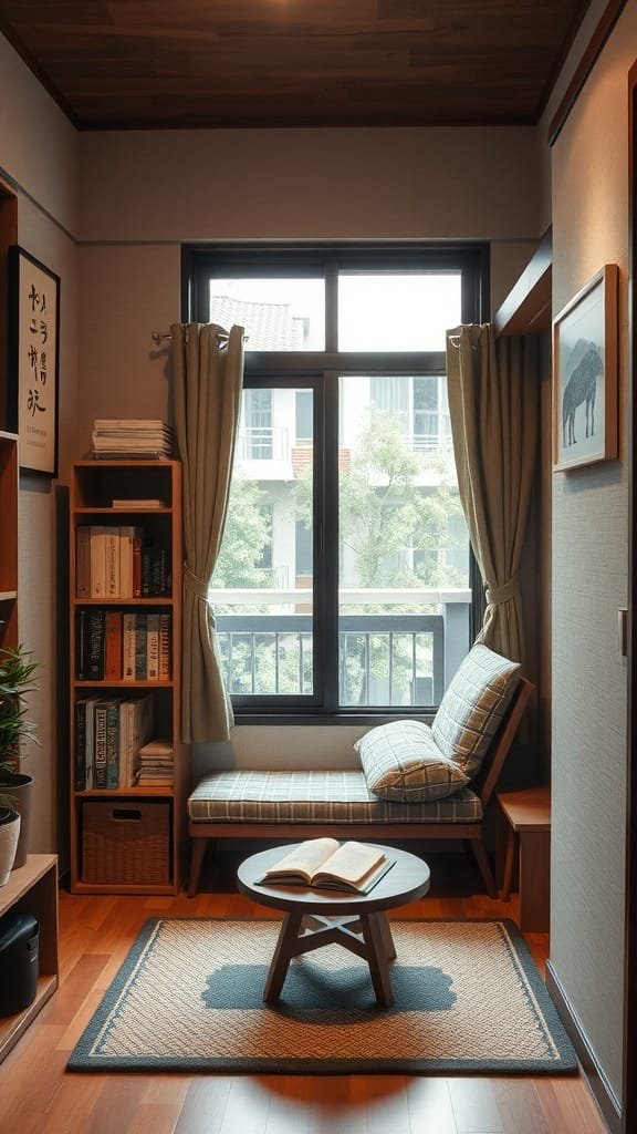 Functional_nooks_for_relaxation_and_study A cozy reading nook in a small Japanese apartment featuring a window with curtains a comfortable seating area and a coffee table