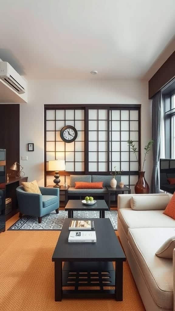 Fusing_tradition_with_modern_elements Interior of a small Japanese apartment with modern furniture and traditional elements