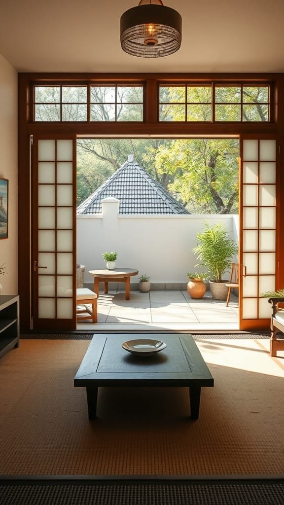Fusion_of_indoor_and_outdoor_spaces A cozy interior of a small Japanese apartment with sliding doors opening to an outdoor space
