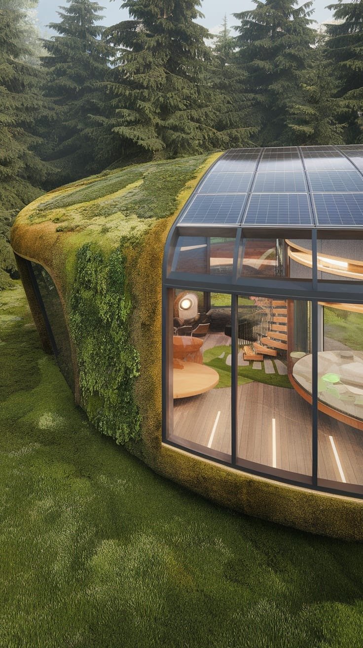 Future_trends_in_modular_eco_housing A modern eco house with a green roof and solar panels in a forest setting