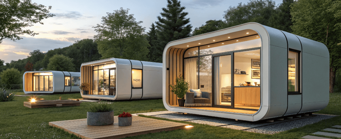 A modern minimalist residential development featuring a series of contemporary white curved designed modular homes with large windows The houses are situated in a lush green outdoor area with a grassy lawn and some paved walkways The photo captures the scene during twilight with a warm diffused light and a soft bluish hue in the sky The image is a photograph with a focus on the architecture and the natural surroundings The lighting and colors are particularly striking