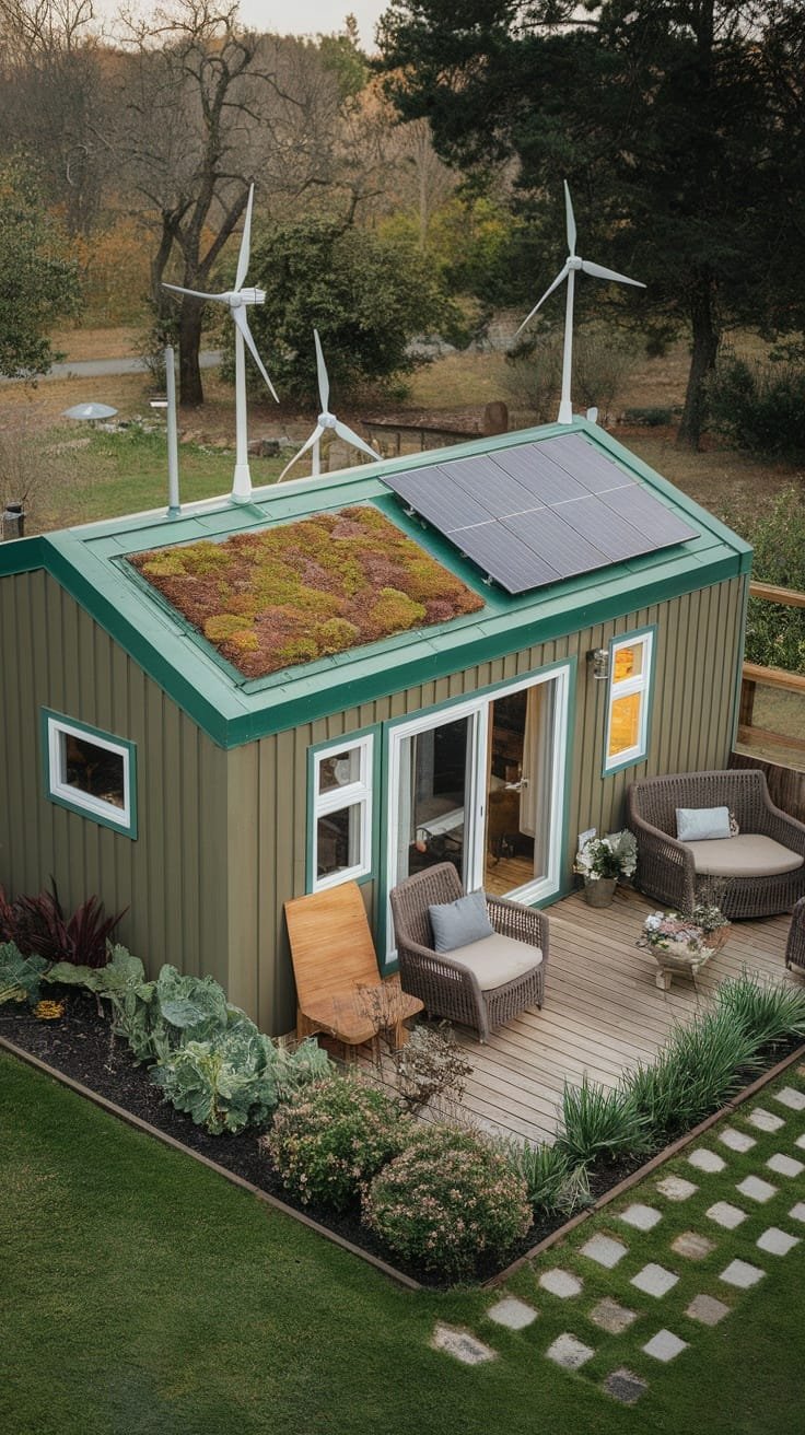 Futuristic_sustainable_energy_systems A futuristic tiny home with solar panels and wind turbines on the roof surrounded by greenery