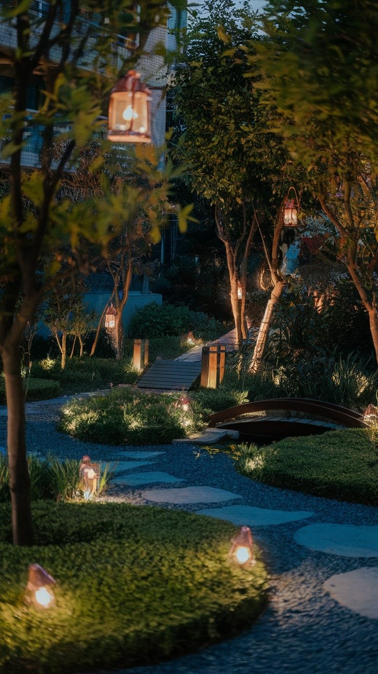Garden_lighting_for_ambiance A beautifully lit garden path with lanterns and greenery at night