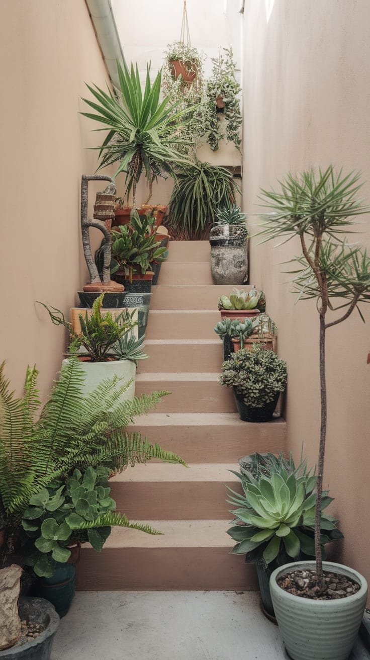 Garden_staircases_with_planters A staircase lined with various potted plants in a cozy garden setting