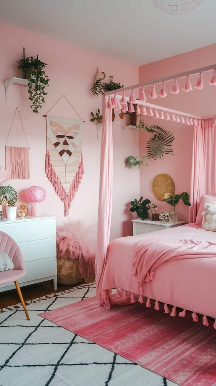 Geometric_accent_pieces A pink boho bedroom featuring geometric accent pieces on the walls and decor elements
