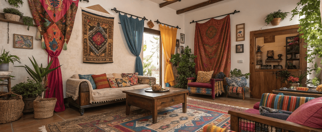 A photo of a vibrant living room with a variety of furniture and decorative elements The room is filled with a mix of furniture including a beige colored couch with a variety of pillows a striped chair a wooden coffee table and a collection of potted plants The walls are adorned with colorful textiles and drapes in shades of red blue and orange The lighting is soft with a hanging light fixture and natural light filtering through a window The overall style is eclectic and warm