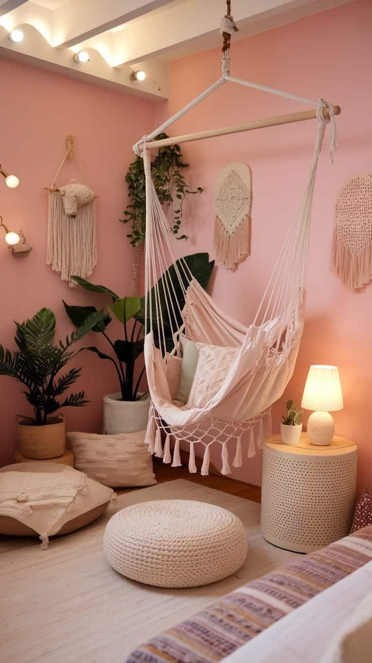 Hammock_chair_corner Cozy hammock chair in a pink boho bedroom with plants and soft lighting