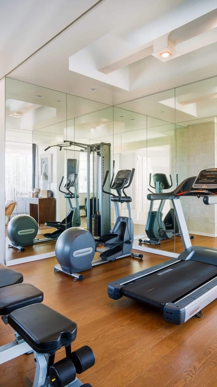 Home_gym_or_fitness_area A modern home gym featuring exercise equipment and mirrors