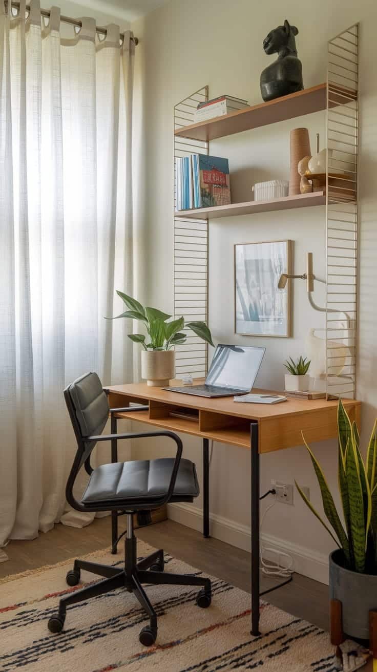 Home_office_essentials_for_small_spaces Cozy home office setup in a small space with desk plants and shelves
