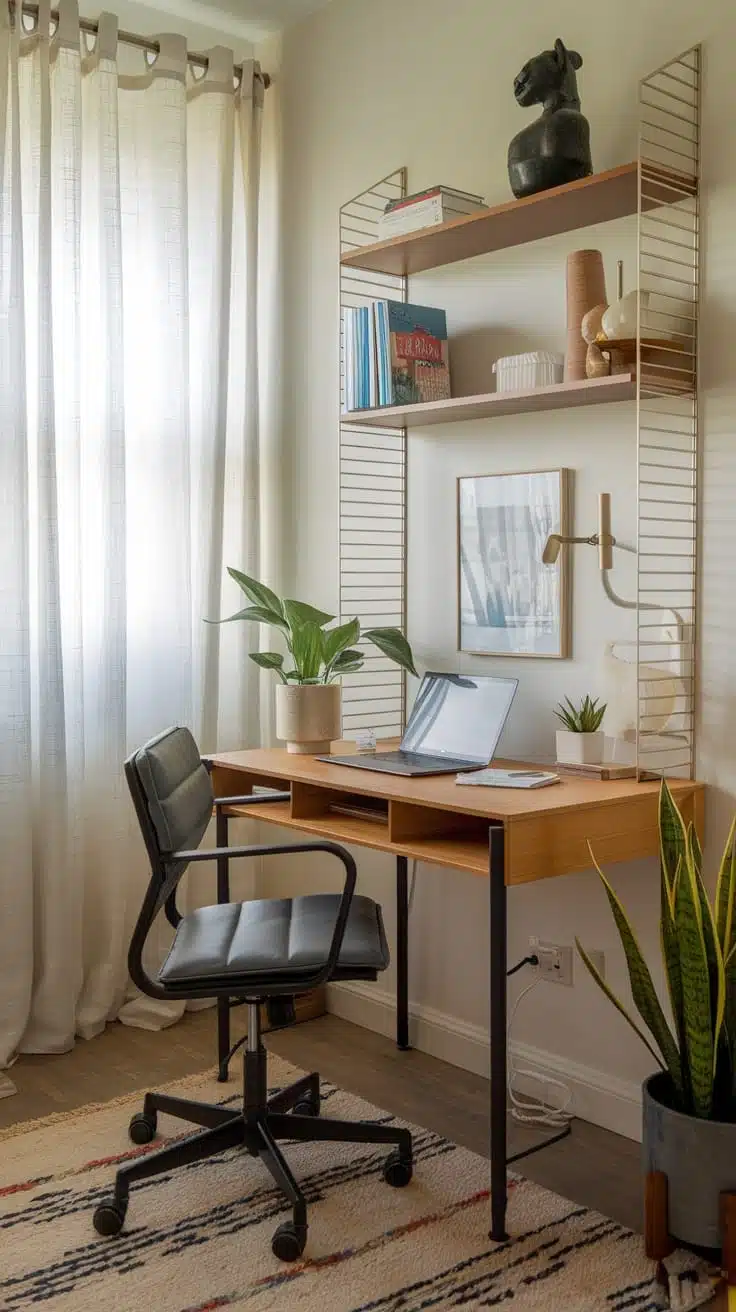 Home_office_essentials_for_small_spaces Cozy home office setup in a small space with desk plants and shelves