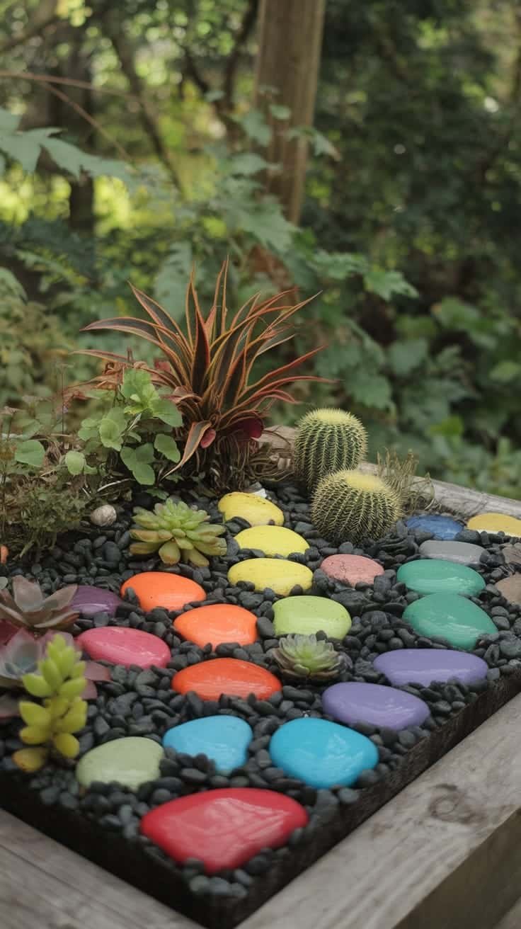 Incorporating_colorful_stones Colorful stones arranged among succulent plants in a tiny garden