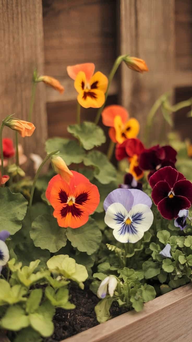 Incorporating_edible_flowers Colorful pansies in a wooden planter