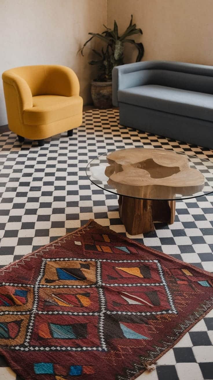 Incorporating_global_textiles A cozy gypsy bohemian living room featuring a vibrant rug colorful chairs and a wooden table