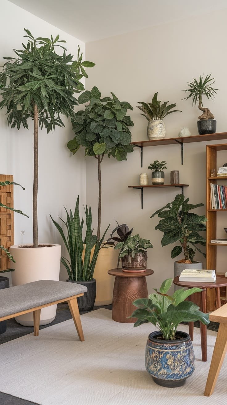 Incorporating_live_plants A cozy interior filled with various potted plants including tall trees and smaller plants with a bench and wooden tables