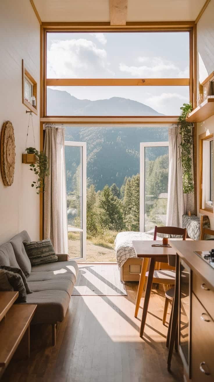 Incorporating_natural_light_in_tiny_homes Bright and airy interior of an Aspen tiny home with large windows and mountain views
