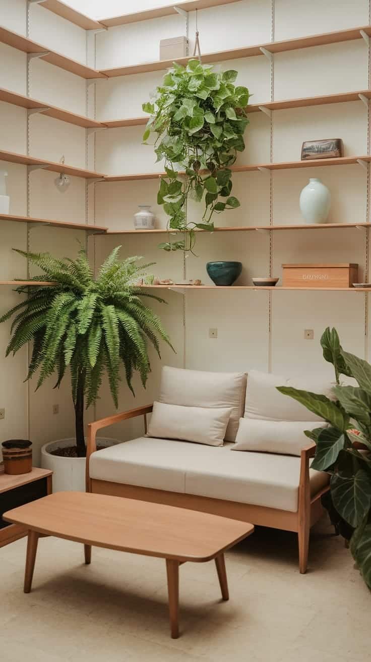 Incorporating_nature_indoors A cozy living room with plants a comfy couch and wooden shelves