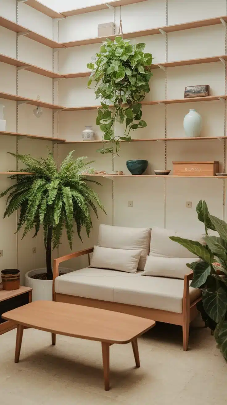 Incorporating_nature_indoors A cozy living room with plants a comfy couch and wooden shelves