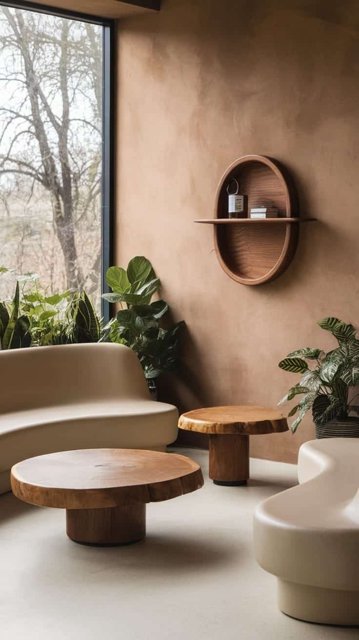 Incorporating_organic_shapes A modern interior design featuring organic shapes including wooden furniture and indoor plants